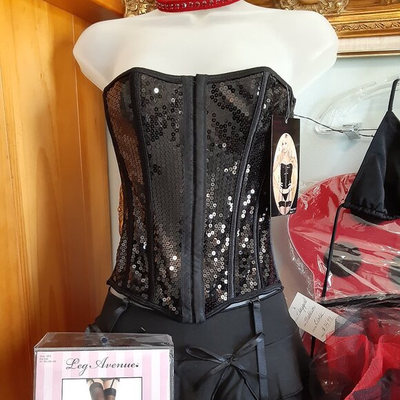 NWT Black Sequin LARGE Bustier/Corset w/Garters - Picture 2 of 15